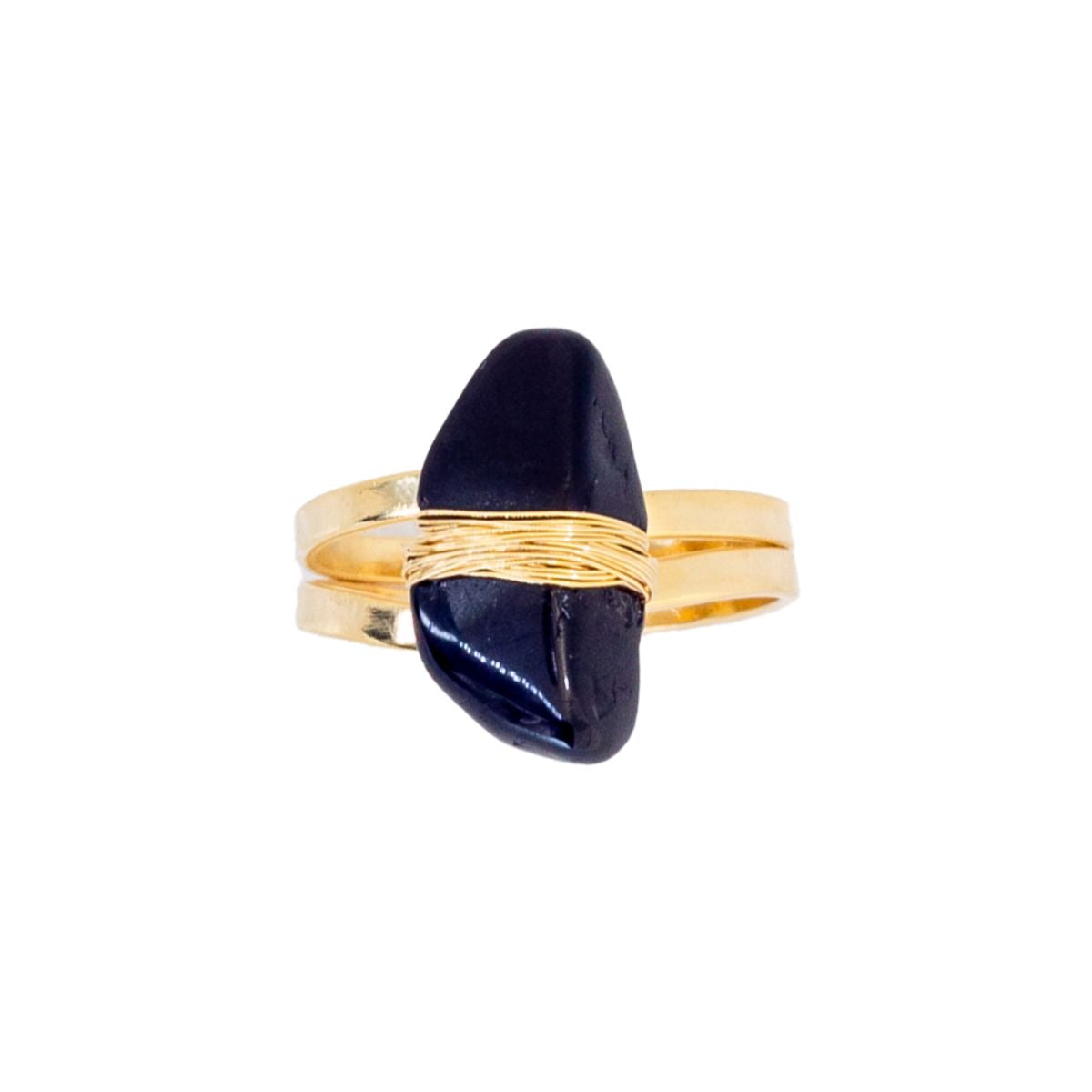 Black Obsidian - Wrapped Raw Ring - Adjustable - Gold Plated
