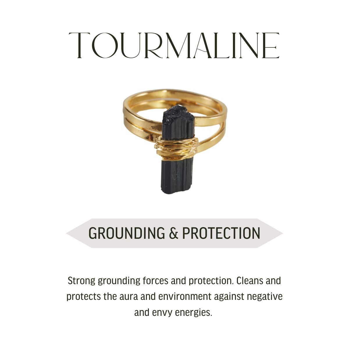 Black Tourmaline - Wrapped Raw Ring - Adjustable - Gold Plated