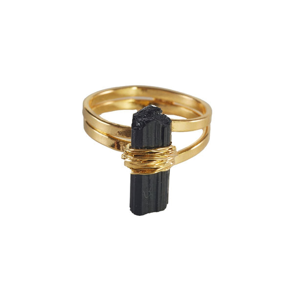 Black Tourmaline - Wrapped Raw Ring - Adjustable - Gold Plated