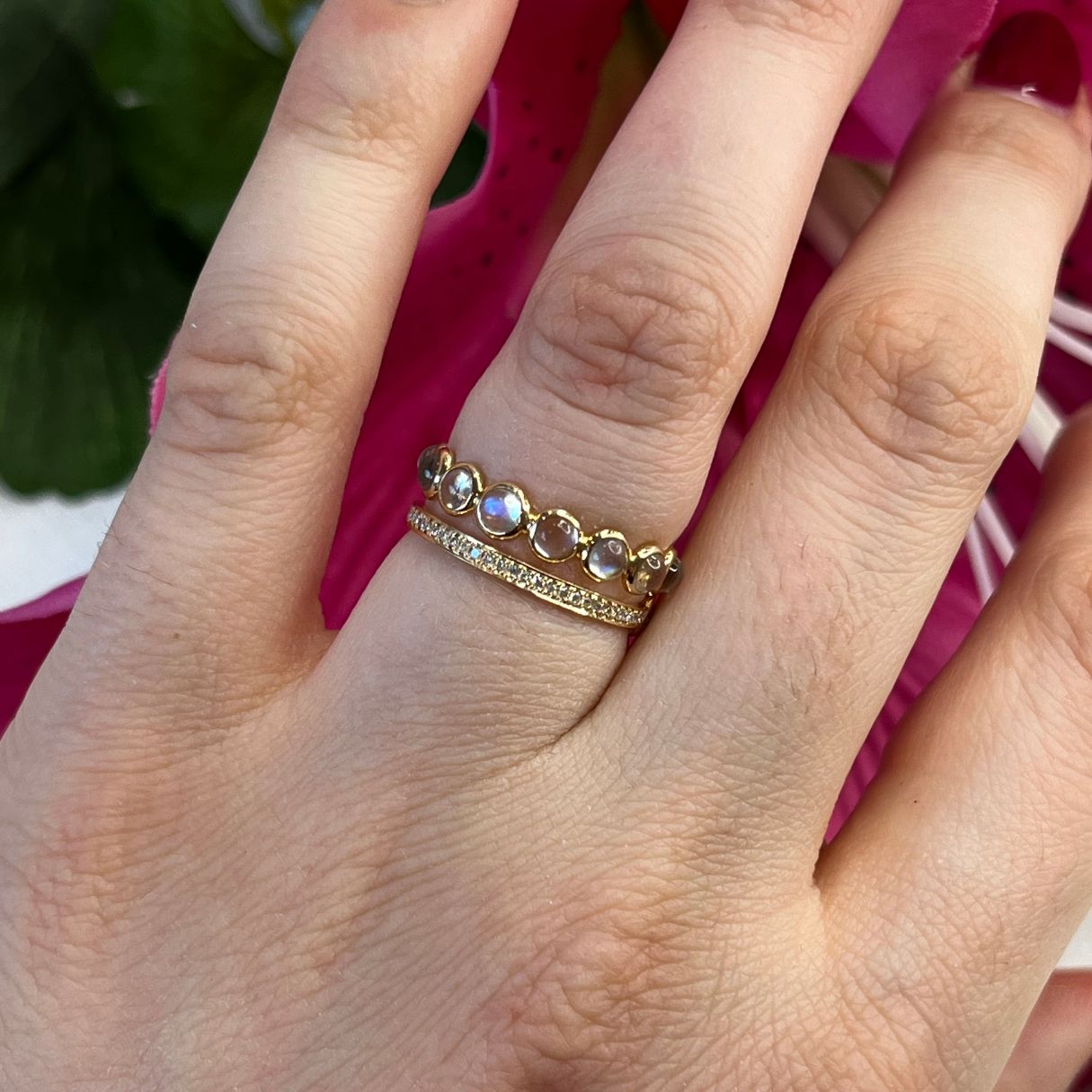 14k Solid Gold Moonstone & Diamonds Ring - Moonlit Treasure