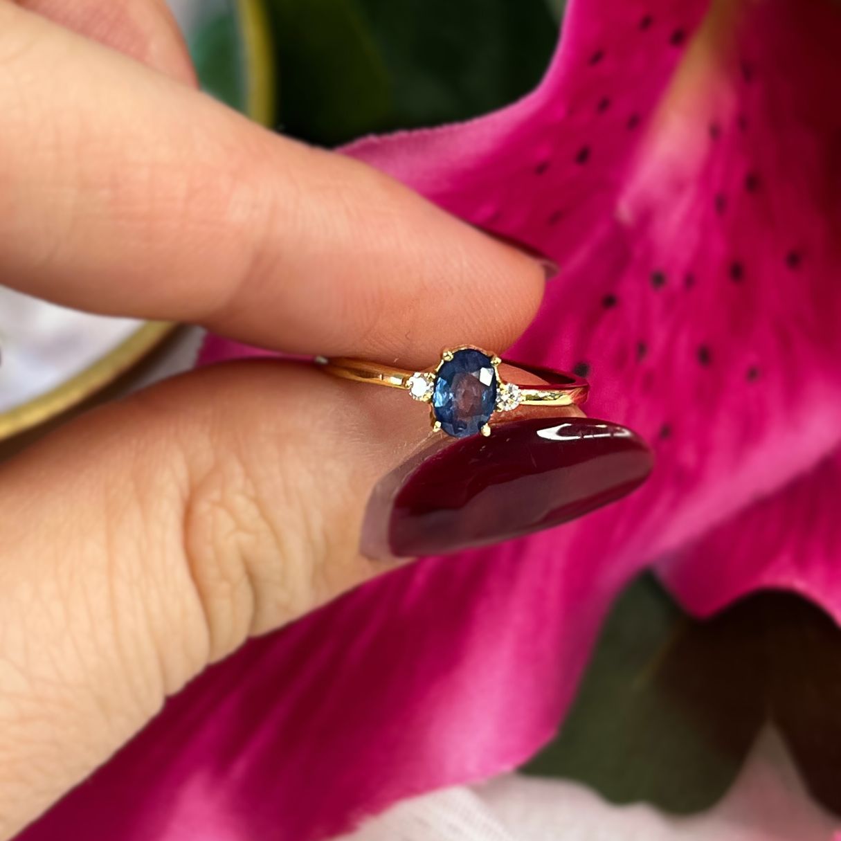 14k Solid Gold Blue Sapphire & Diamonds Ring - Midnight Light