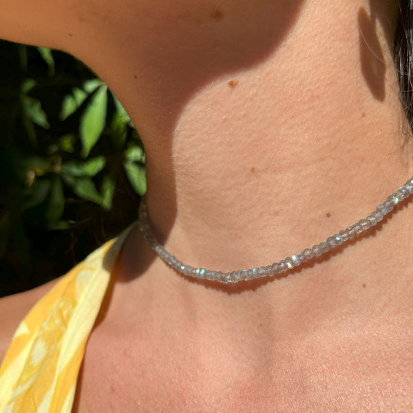 Labradorite Beads Choker Necklace - Sterling Silver Plated