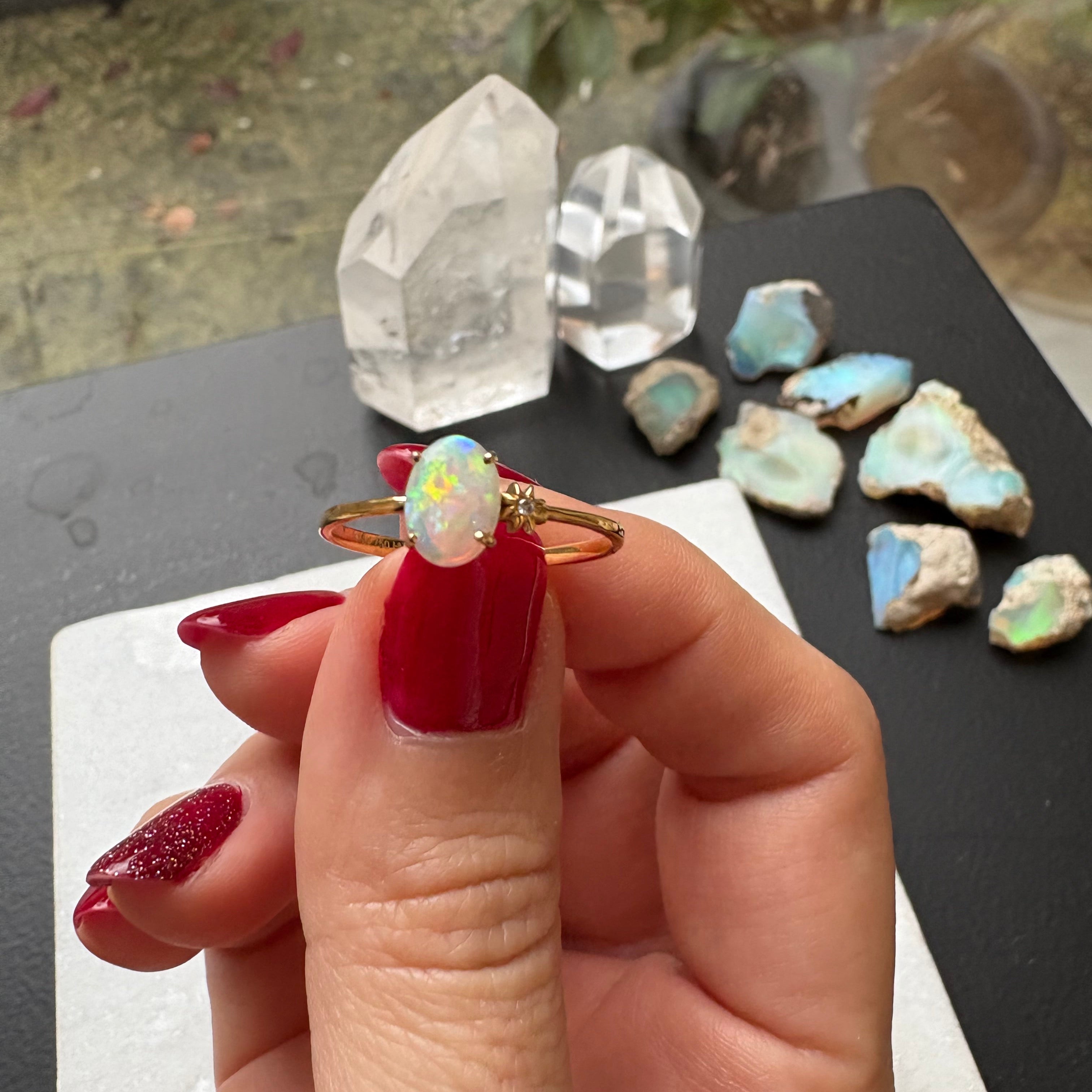 Opal & Diamond Ring - Diamond Sparkle - 18k Solid Gold