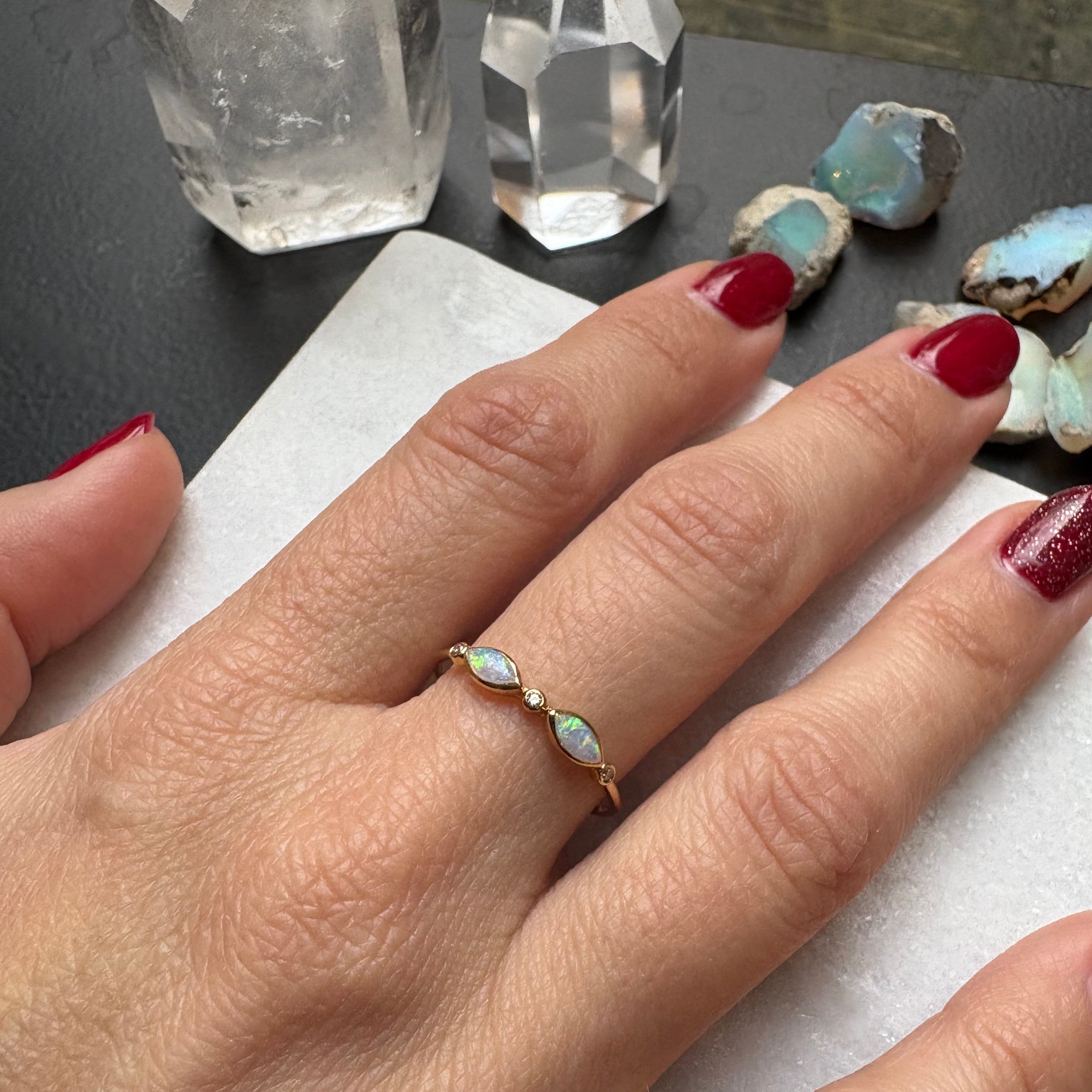 Opal & Diamond Ring - Double Opal - 18k Solid Gold