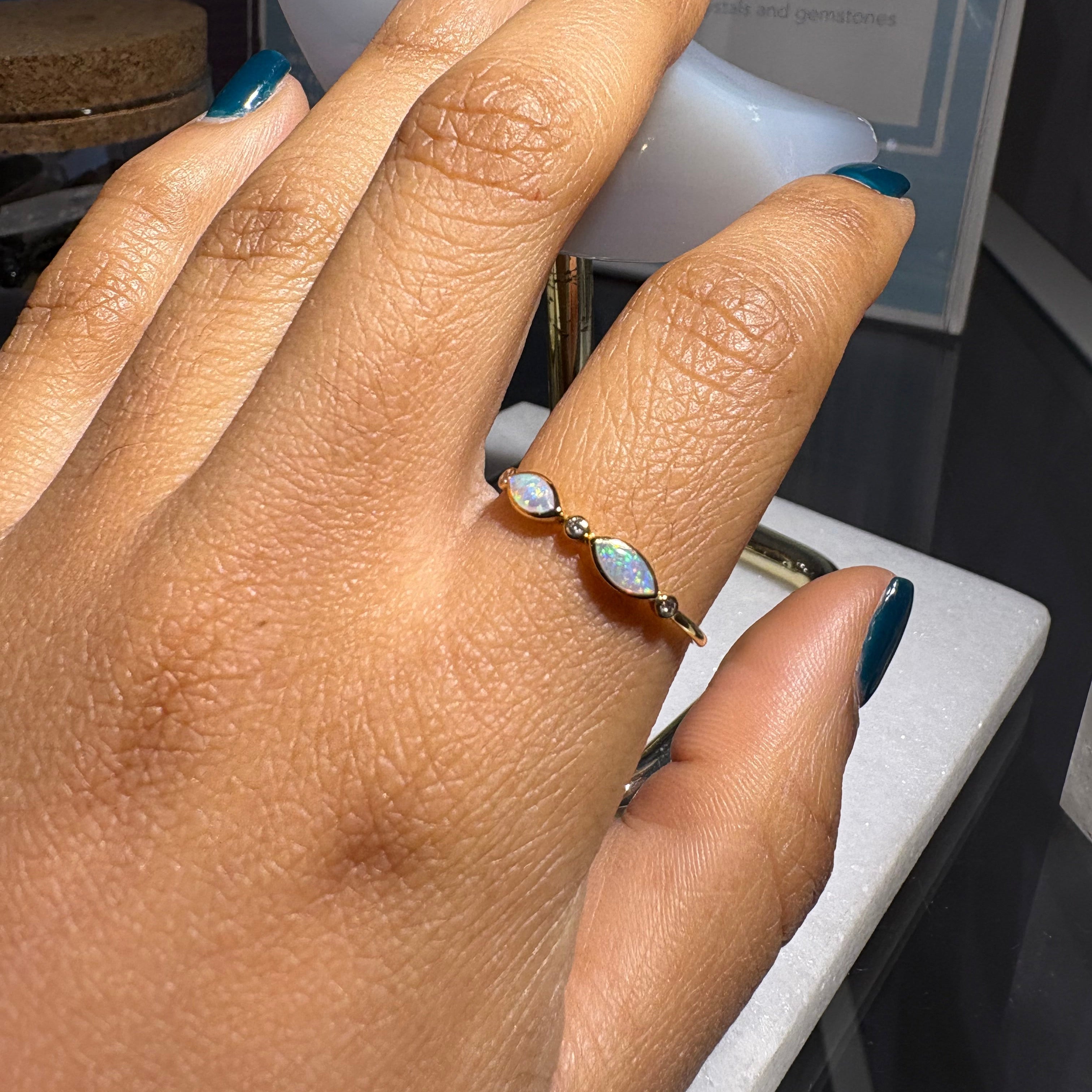 Opal & Diamond Ring - Double Opal - 0.80g - 18k Solid Gold