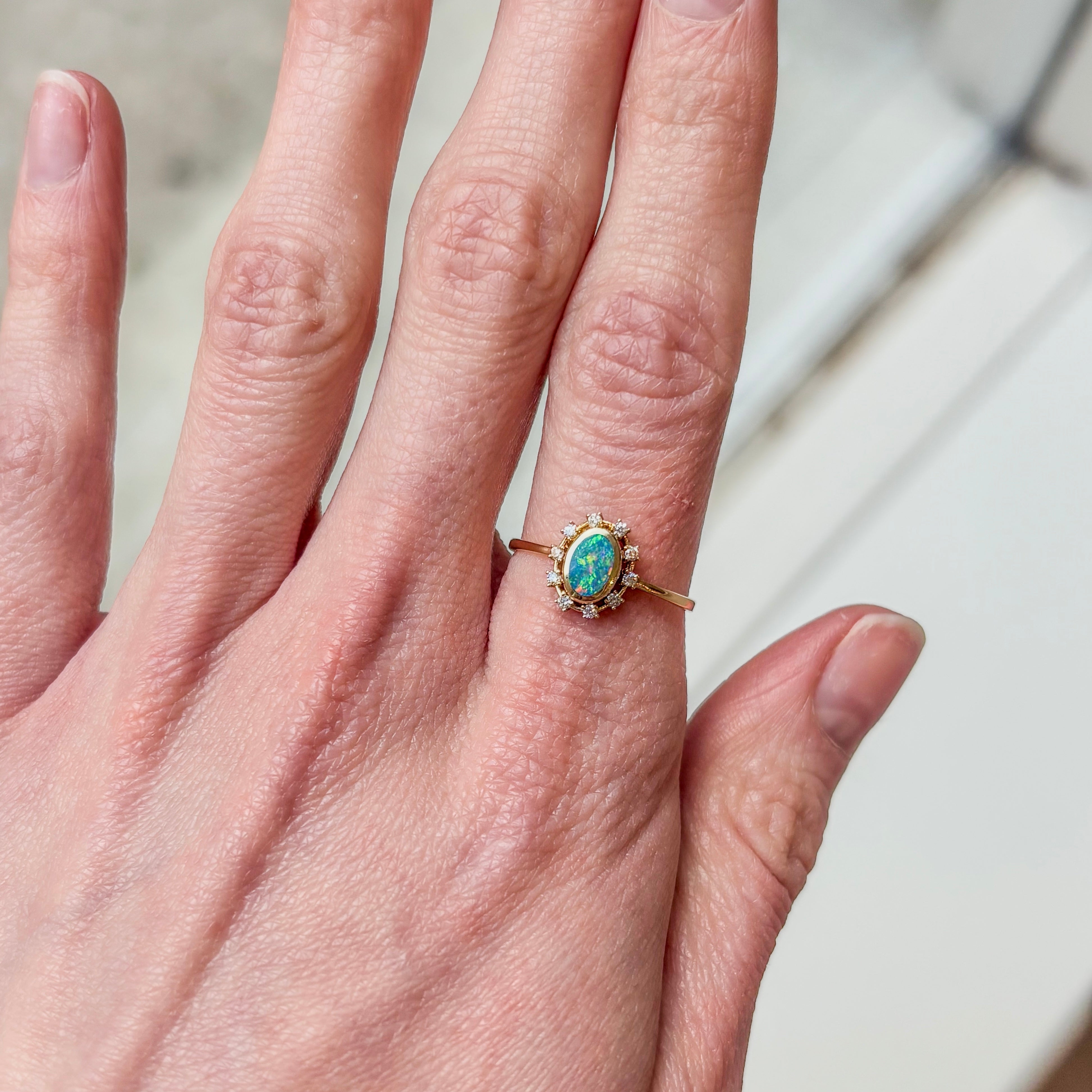 Opal and Diamonds Round Shaped Ring - 14k Solid Gold