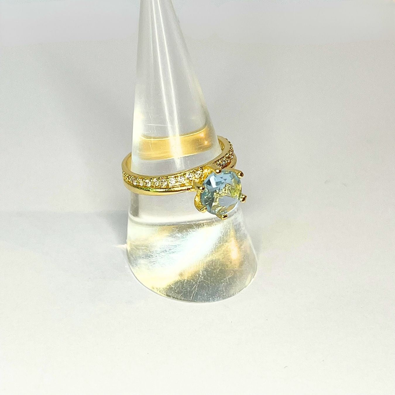 Blue Topaz & Zirconia - Solitaire Ring - Gold Plated