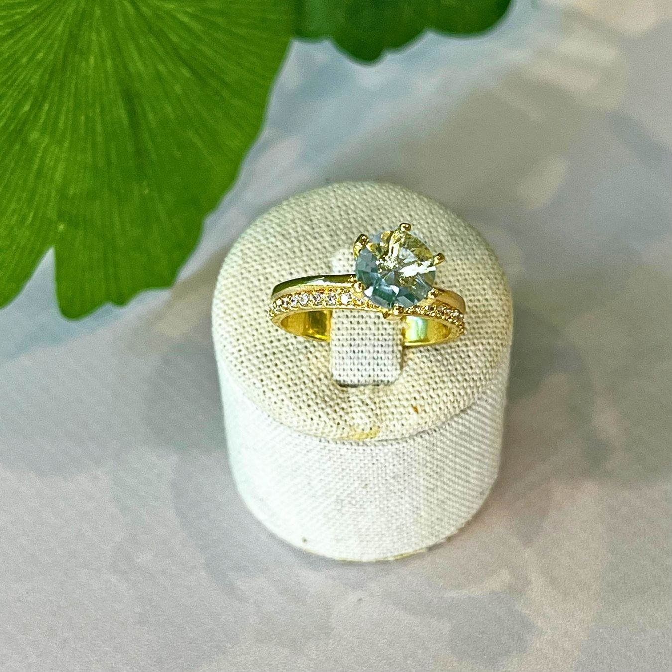 Blue Topaz & Zirconia - Solitaire Ring - Gold Plated