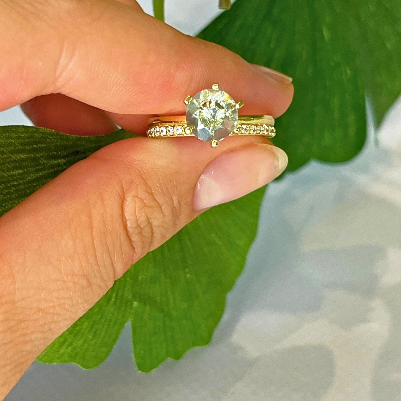 Blue Topaz & Zirconia - Solitaire Ring - Gold Plated