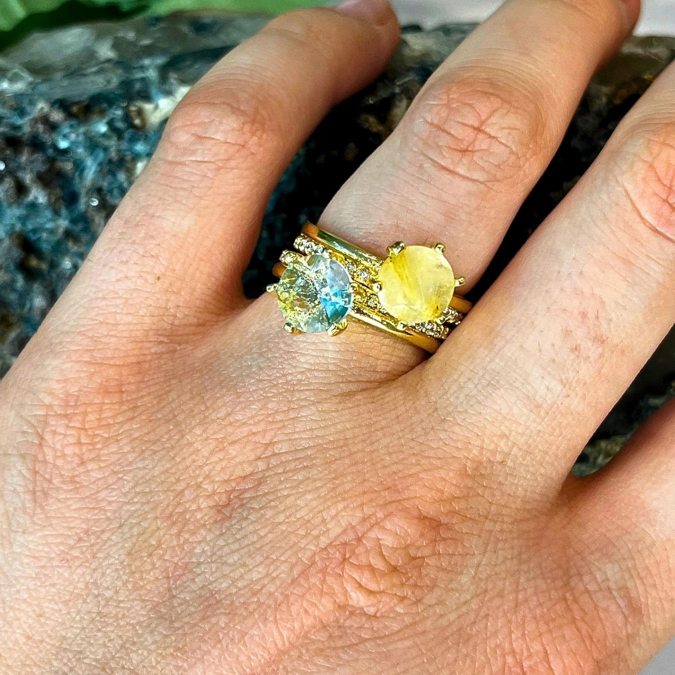 Blue Topaz & Zirconia - Solitaire Ring - Gold Plated