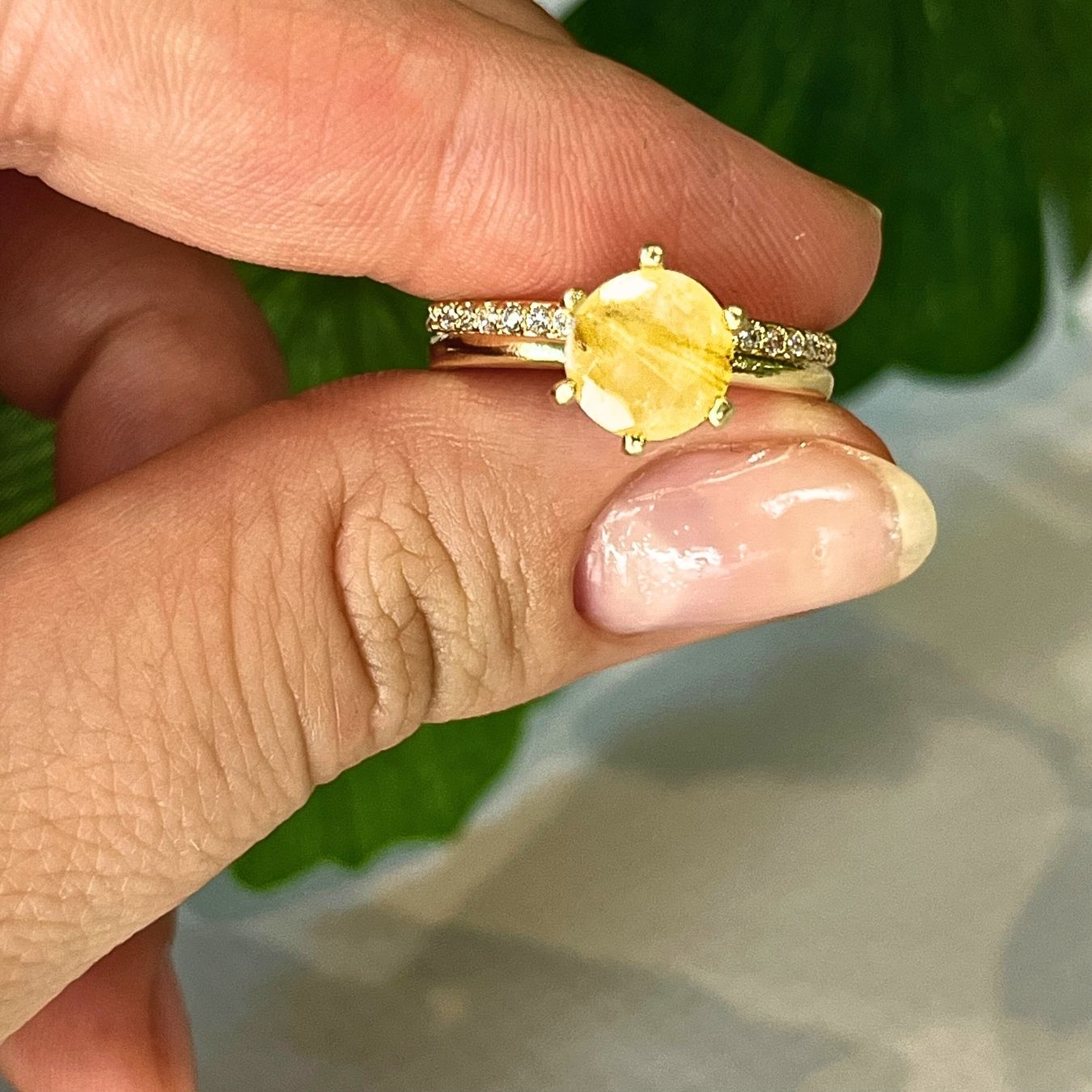 Rutilated Quartz & Zirconia - Solitaire Ring - Gold Plated