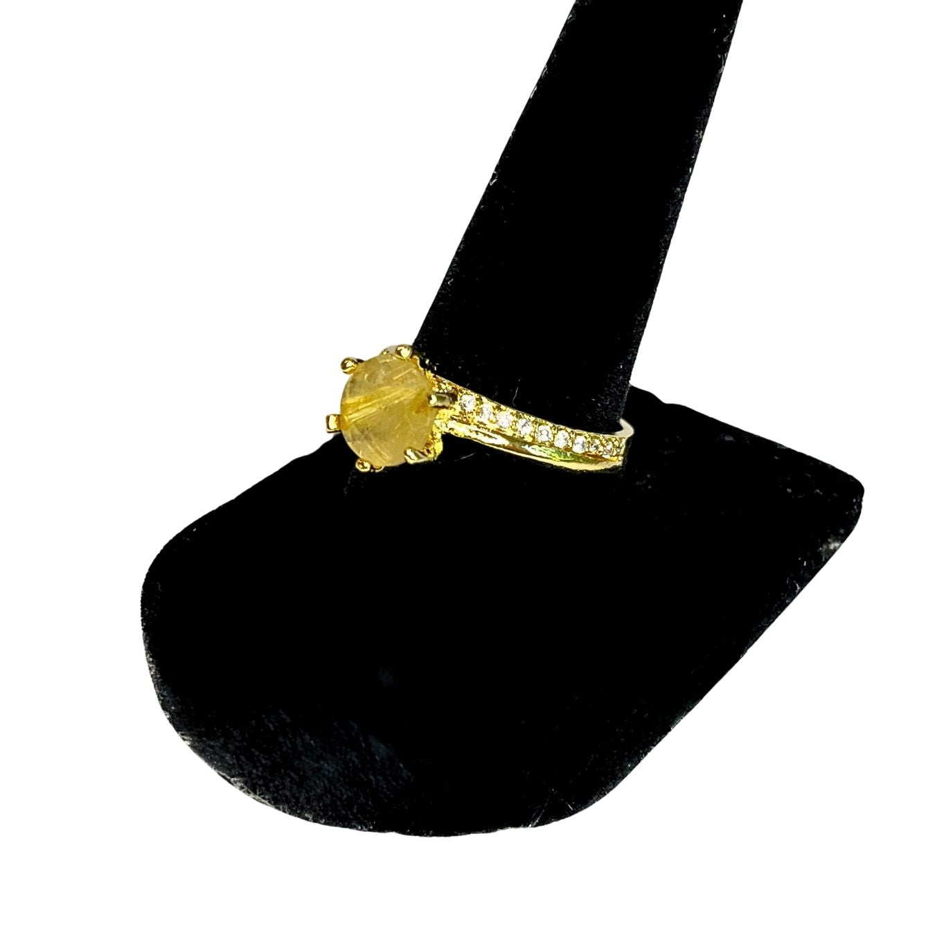 Rutilated Quartz & Zirconia - Solitaire Ring - Gold Plated