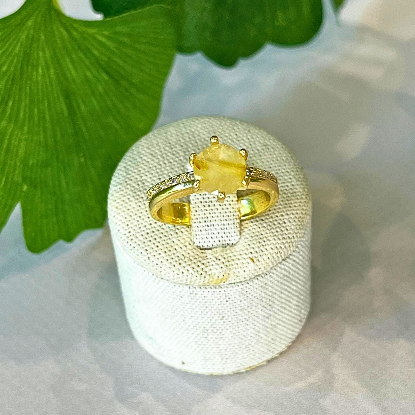 Rutilated Quartz & Zirconia - Solitaire Ring - Gold Plated