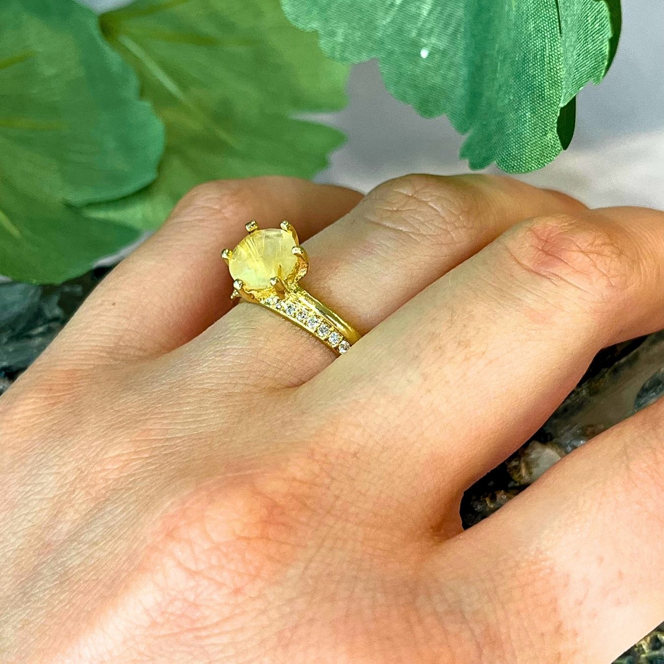 Rutilated Quartz & Zirconia - Solitaire Ring - Gold Plated