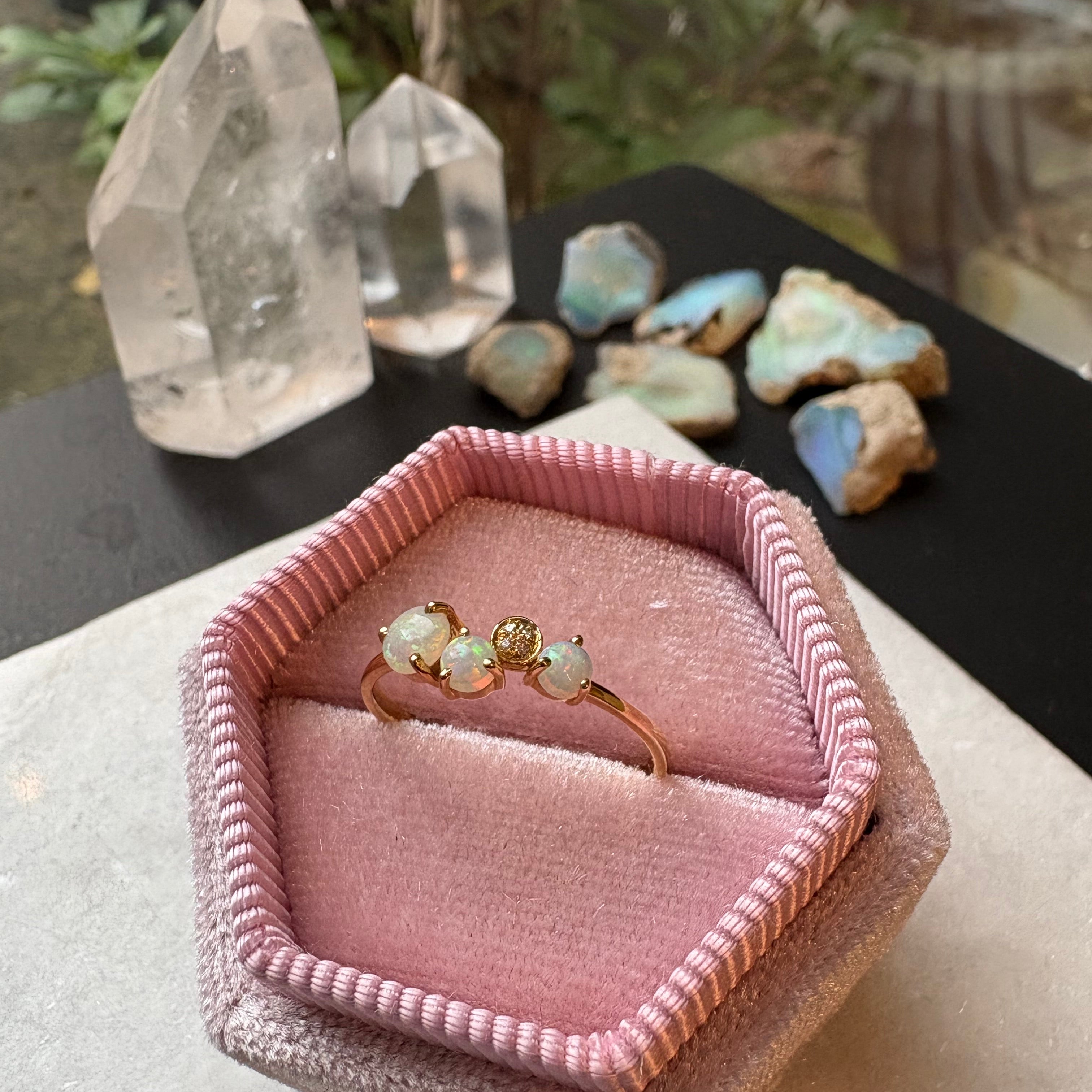 SOLID GOLD OPAL AND DIAMOND RING