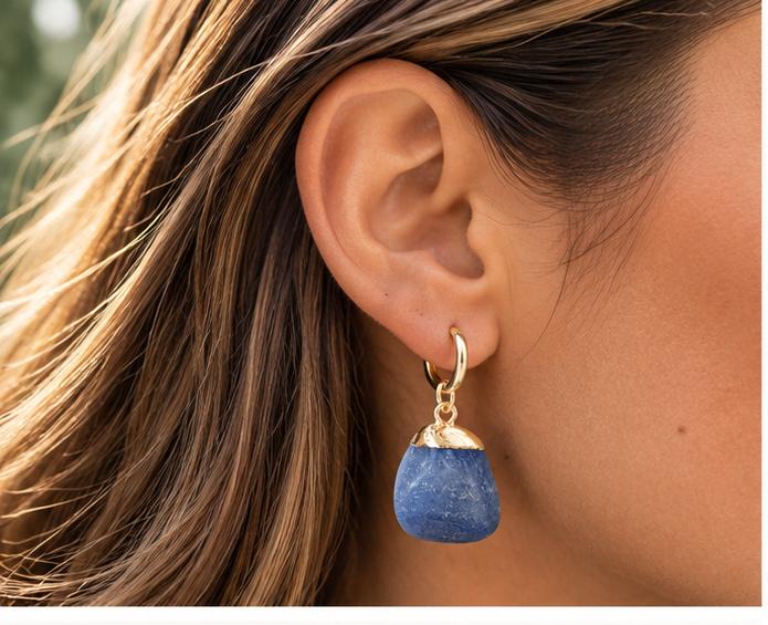 Blue Quartz – Polished Gemstone Drop Earrings – Gold Plate