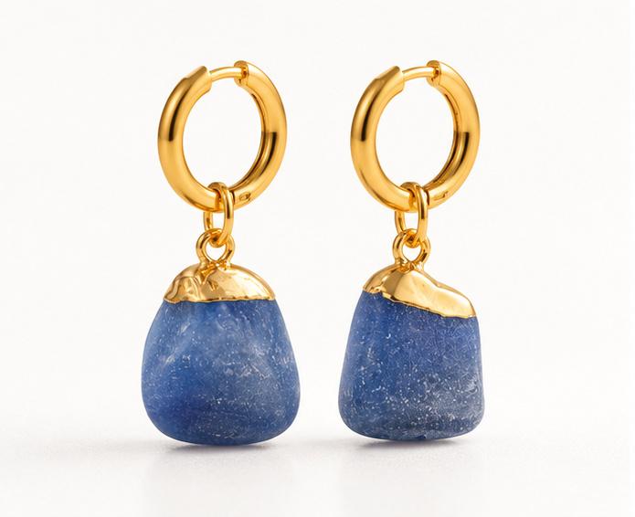 Blue Quartz – Polished Gemstone Drop Earrings – Gold Plate