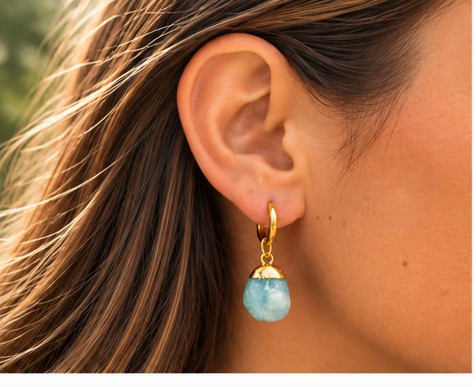Aquamarine – Polished Gemstone Drop Earrings – Gold Plated