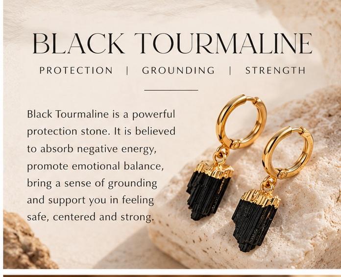 Black Tourmaline raw Hoops Earrings - Gold Plated