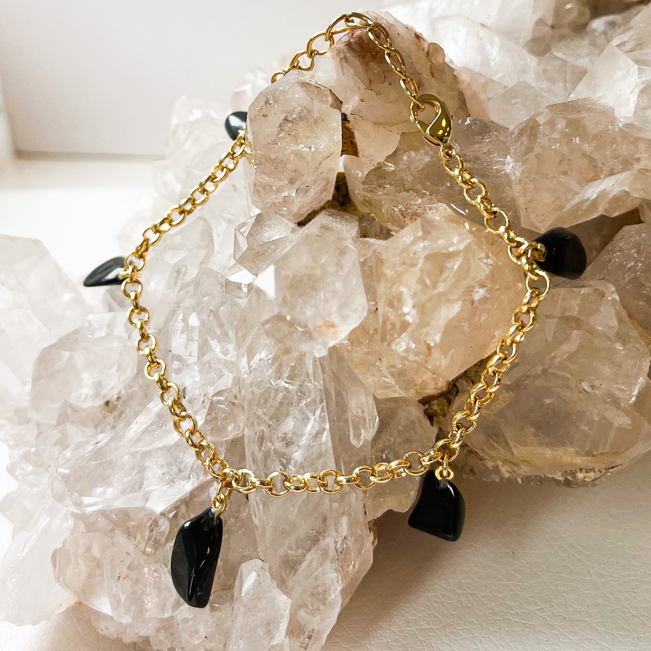 Black Obsidian - Tumbled 5 Stones - Bracelet - Gold Plated