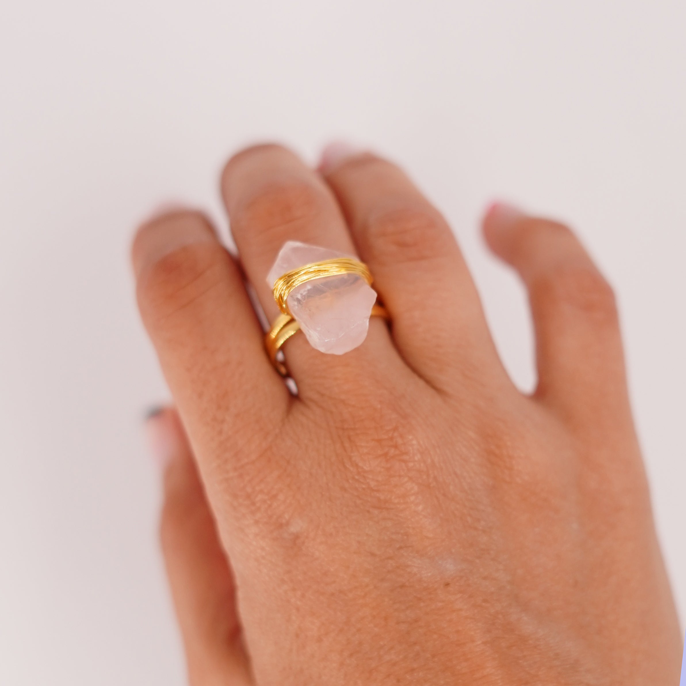 Rose Quartz - Wrapped Raw Ring - Adjustable - Gold Plated