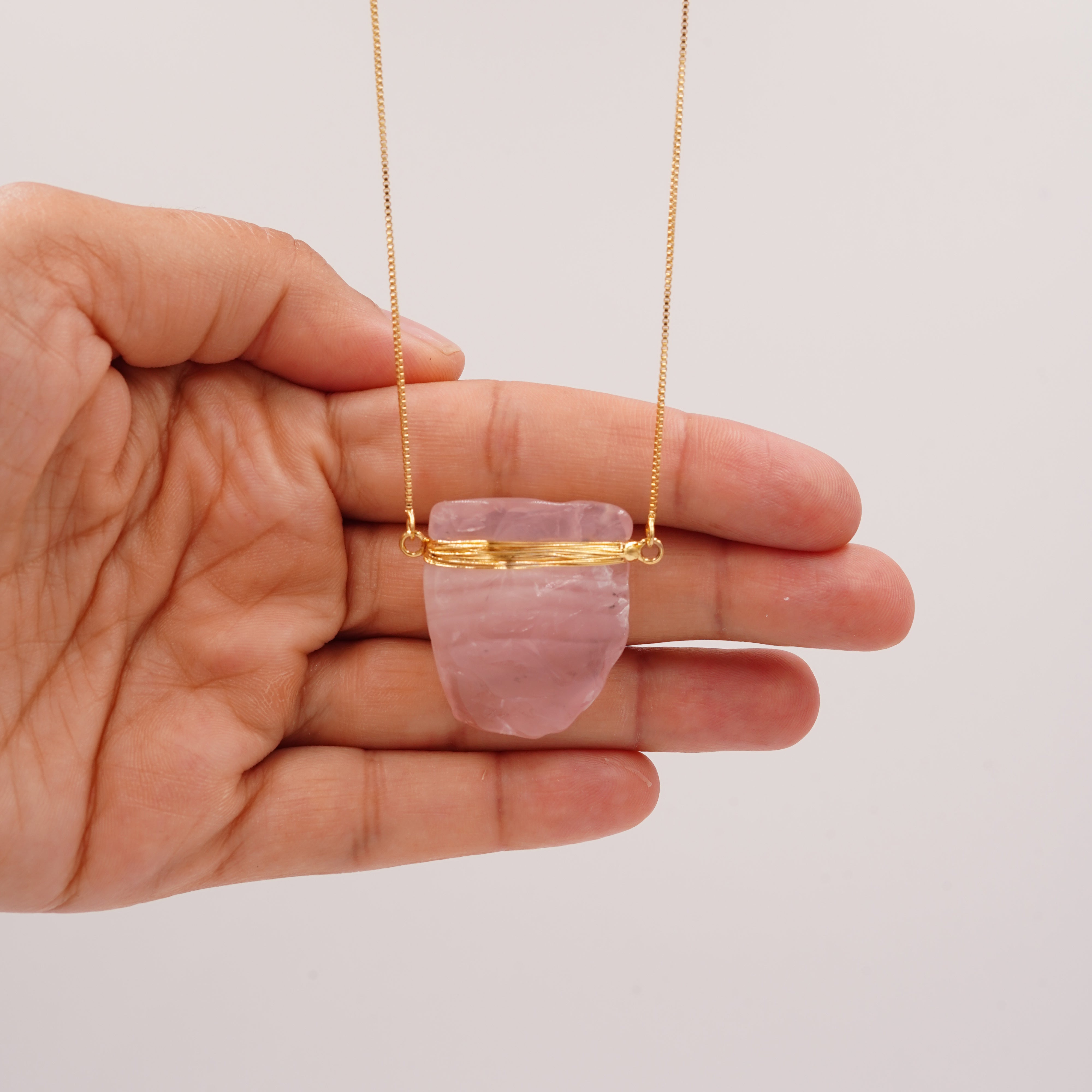 Rose Quartz Wrapped Necklace - Gold Plated - L