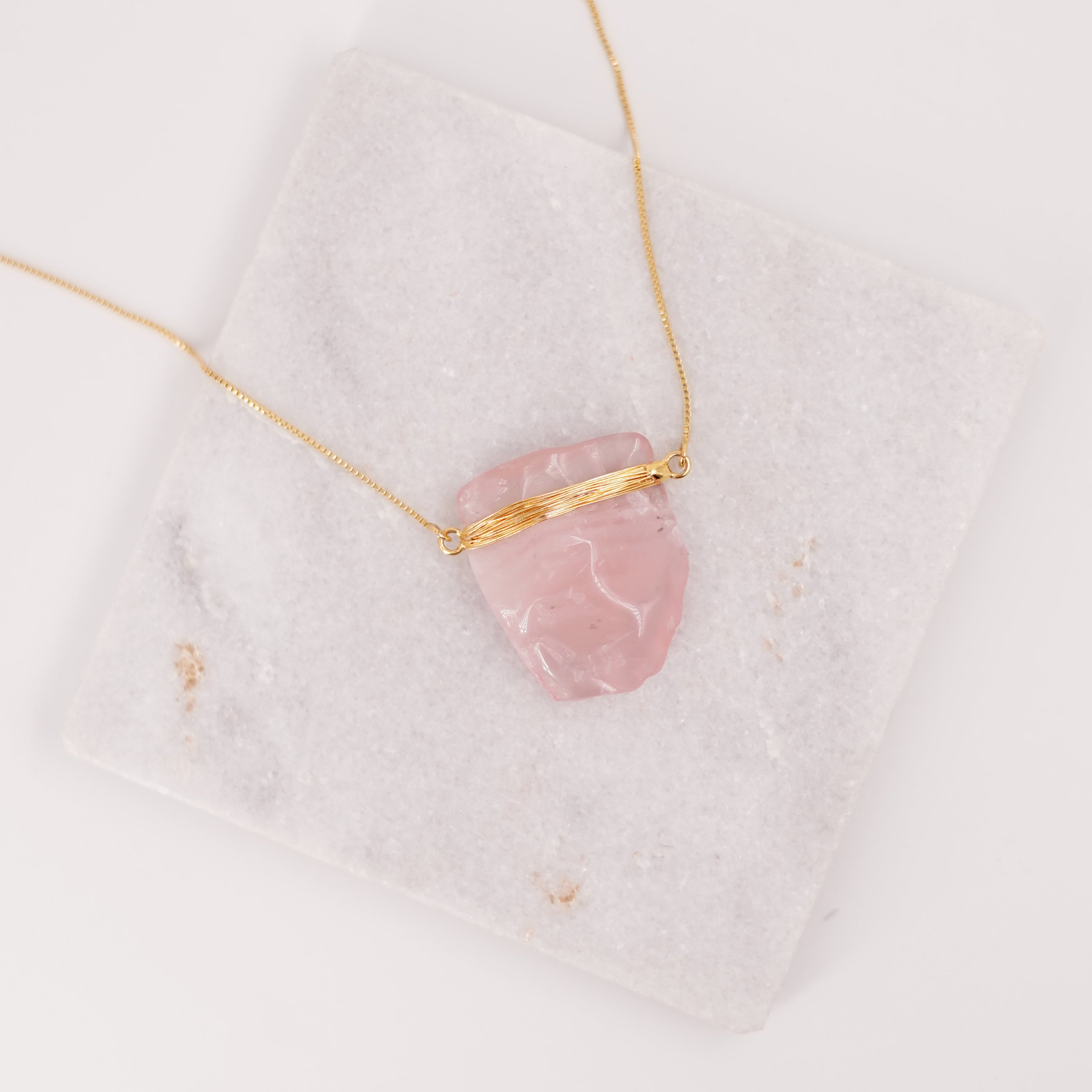 Rose Quartz Wrapped Necklace - Gold Plated - L