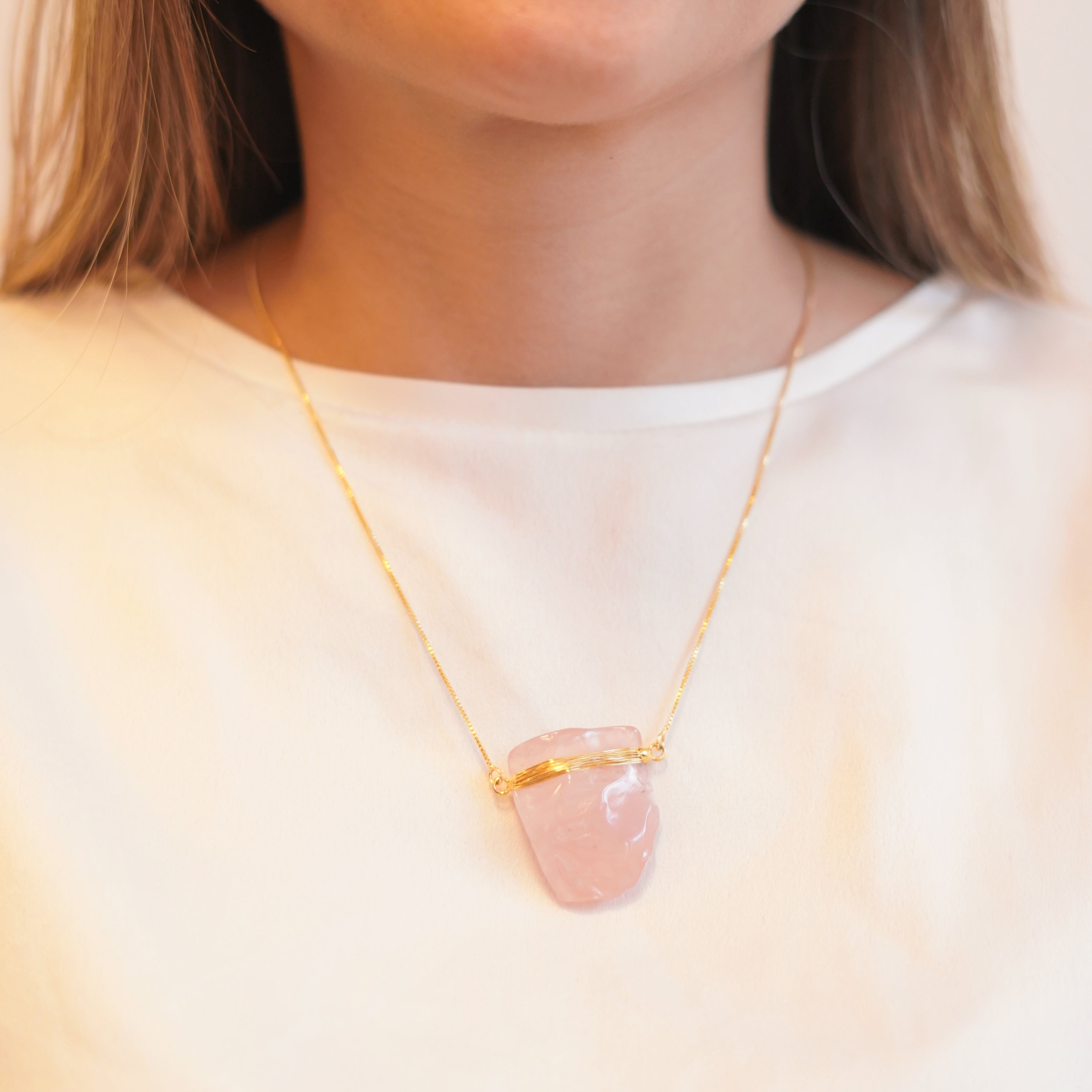 Rose Quartz Wrapped Necklace - Gold Plated - L