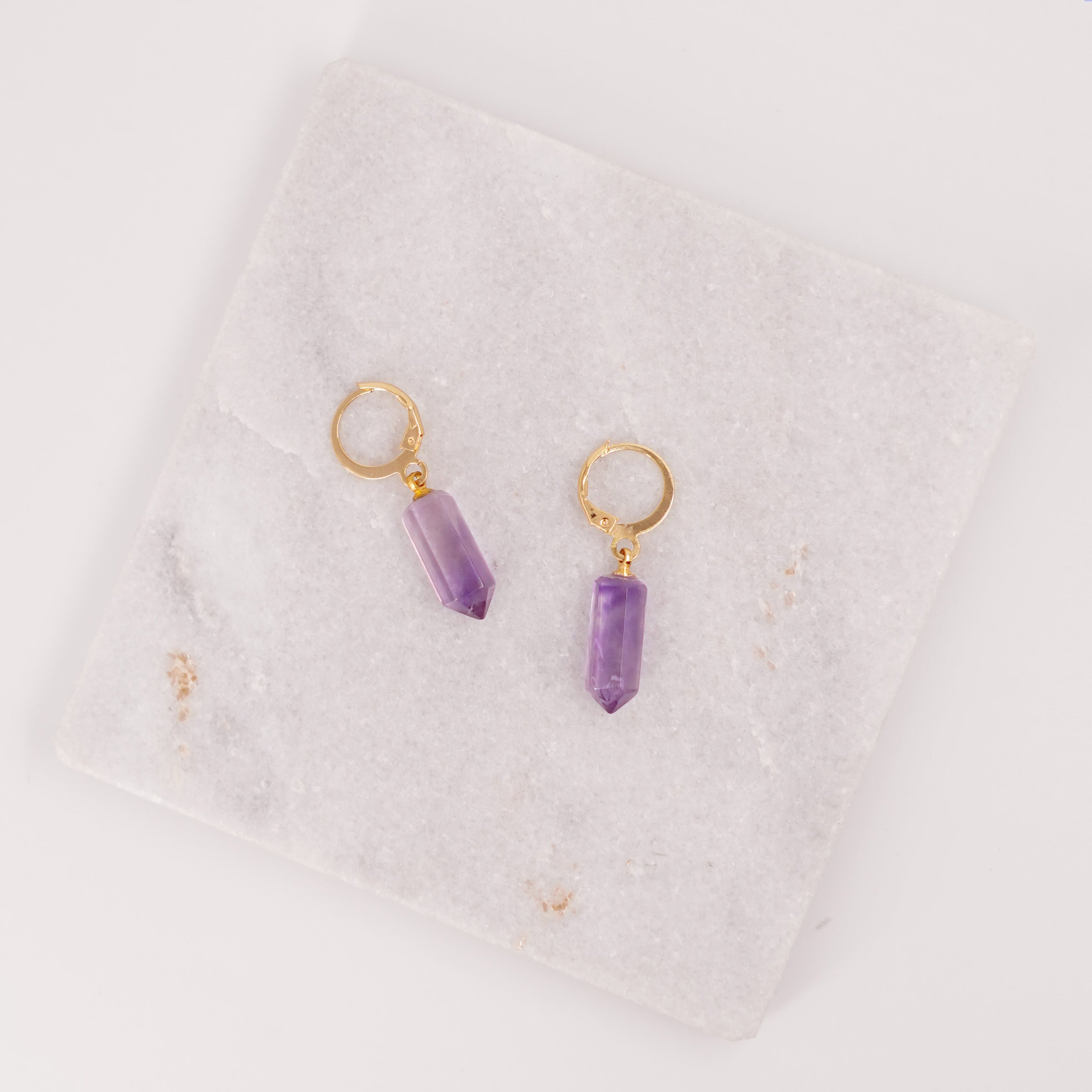Amethyst Pointed Prism - Hoop Earrings - Gold Plated