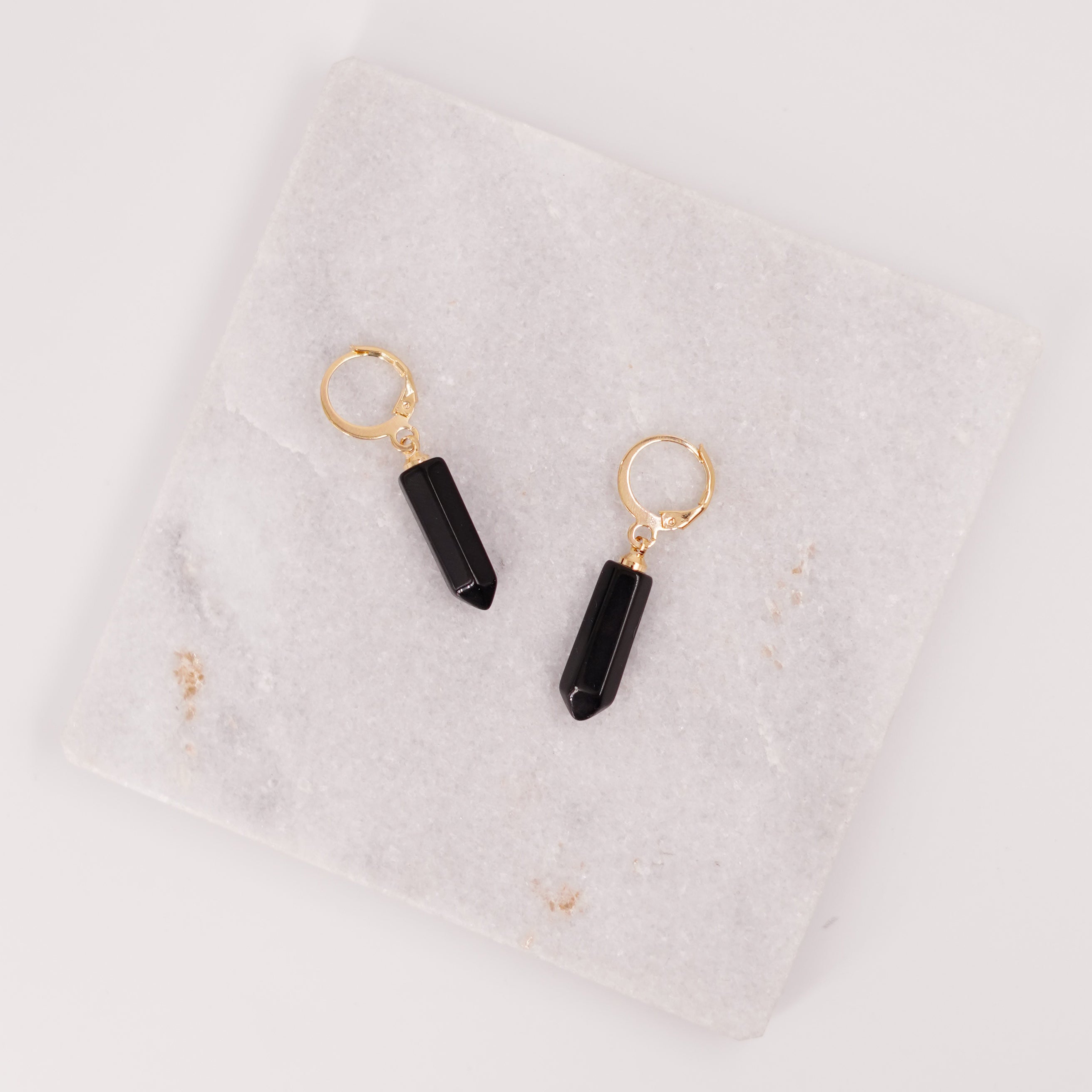 Black Obsidian Pointed Prism - Hoop Earrings - Gold Plated