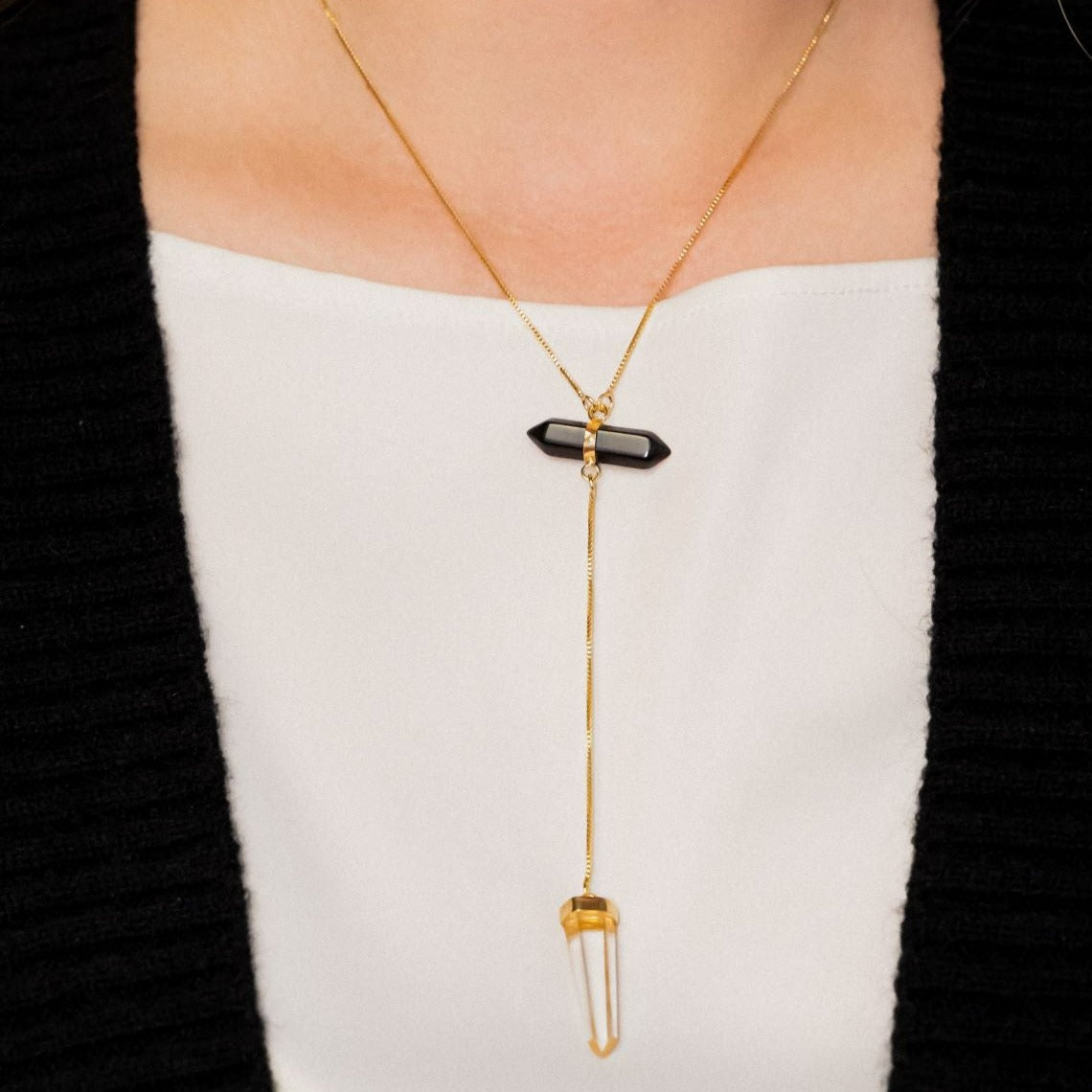 Necklace All Flow Black Obsidian and Clear Quartz - 18k Gold Plated