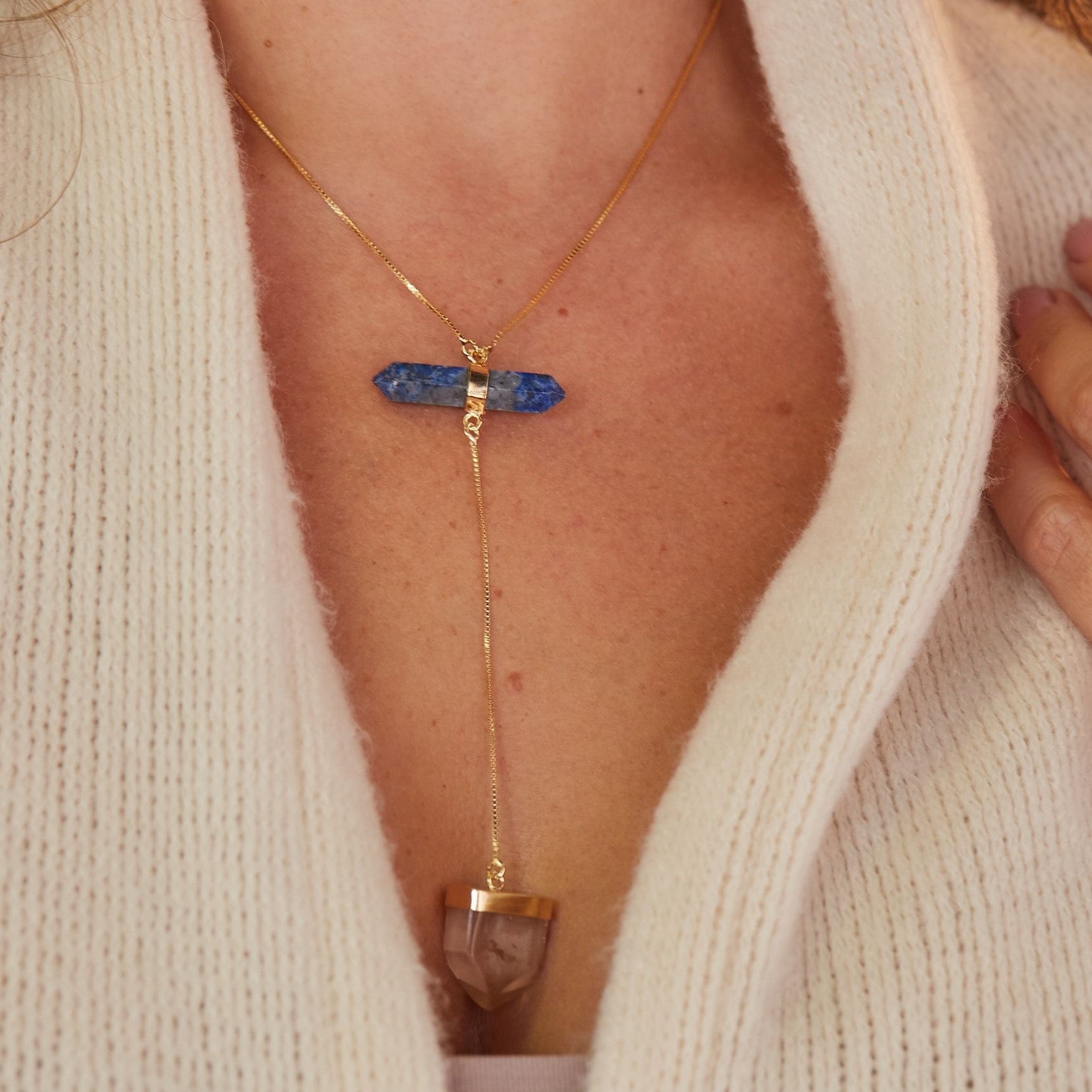 Lapis Lazuli and Clear Quartz - All Flow Necklace - Gold Plated