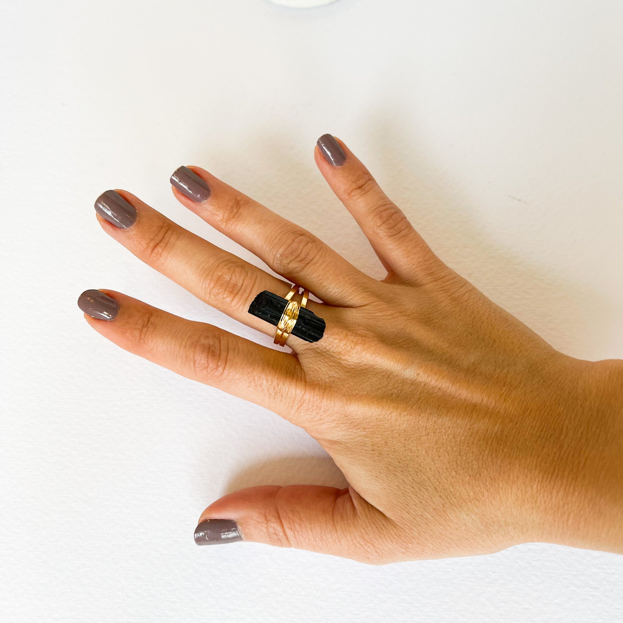 Black Tourmaline - Wrapped Raw Ring - Adjustable - Gold Plated