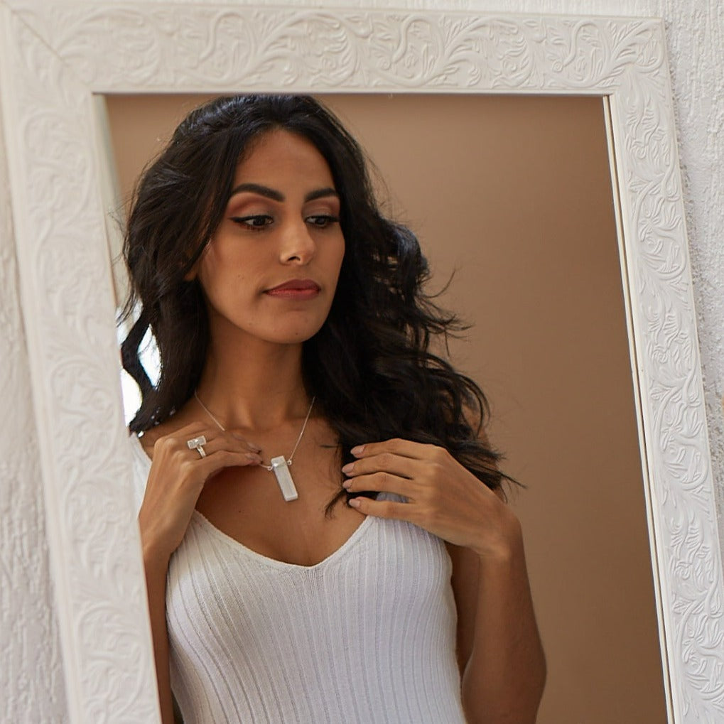 Selenite - Wrapped Raw Necklace - Silver Plated