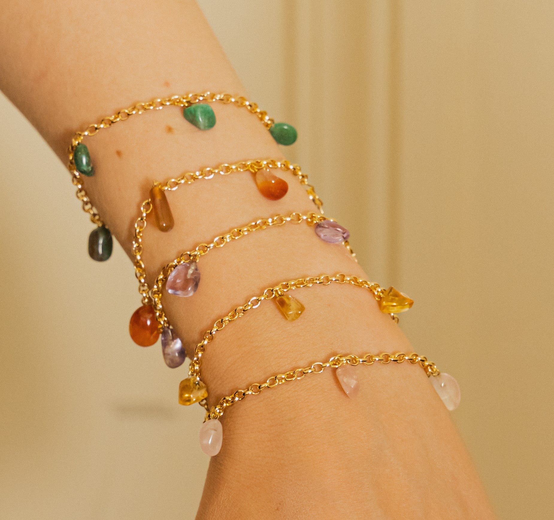 Bracelet Tumbled 5 Stones Green Quartz 18k Gold Plated