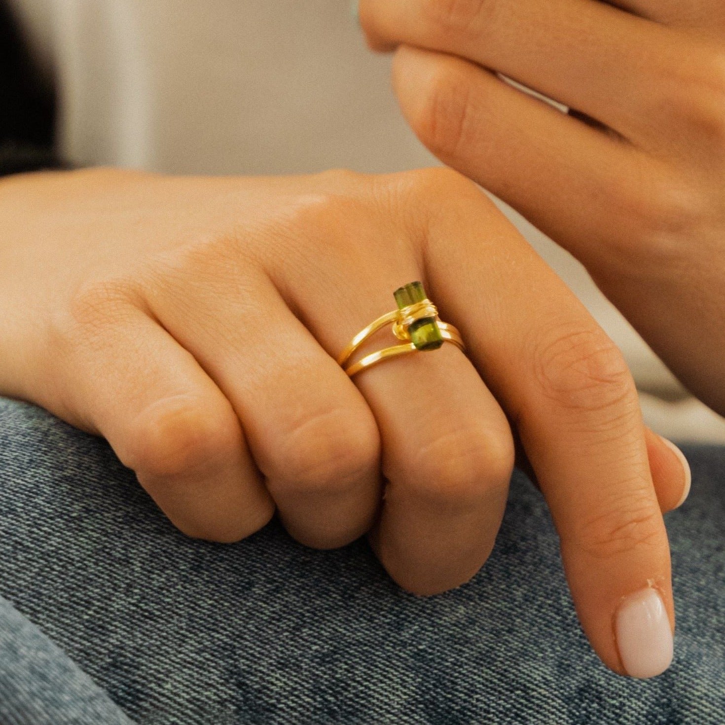 Adjustable Ring Green tourmaline - 18k Gold Plated
