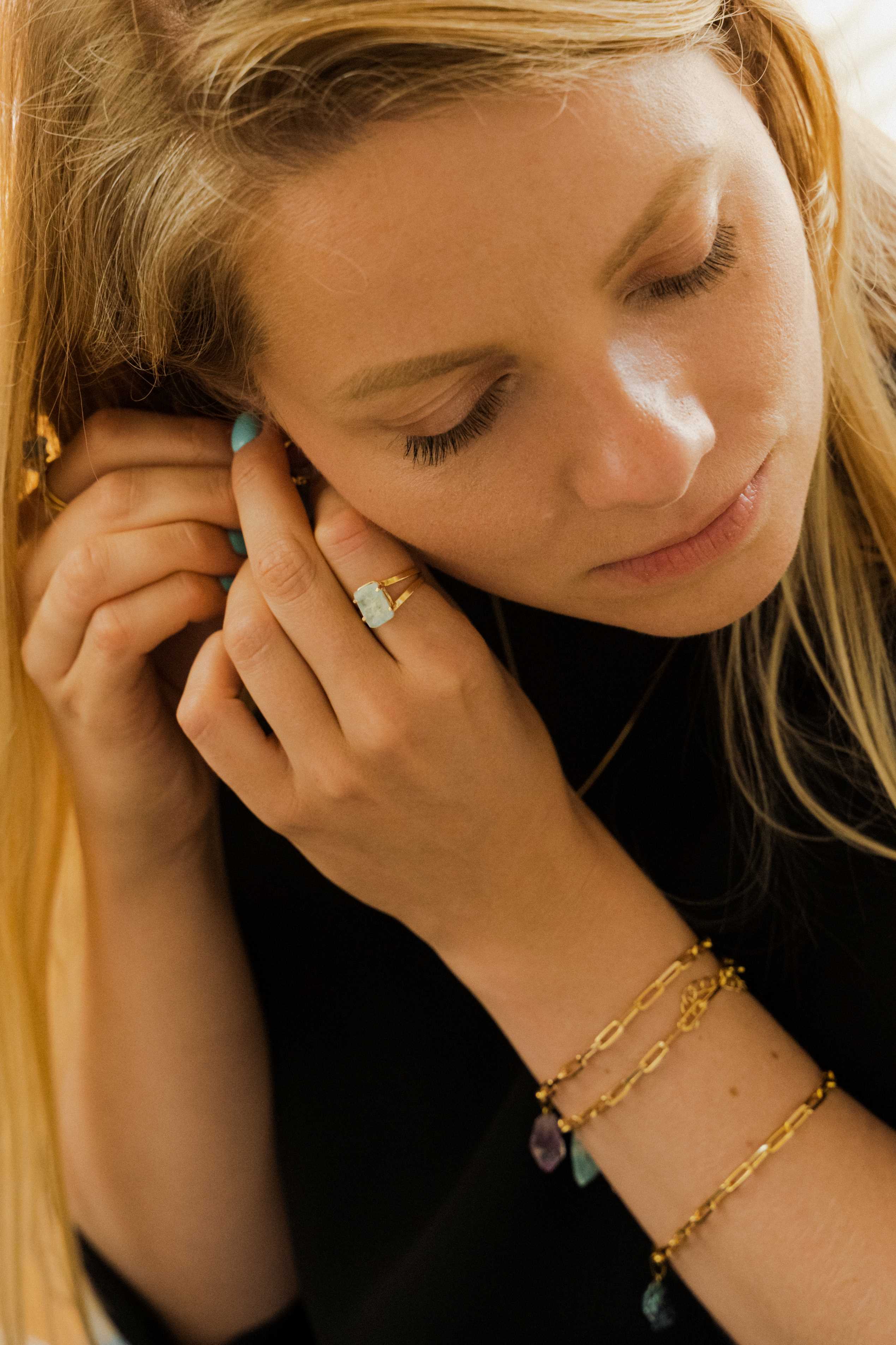 Adjustable Small Rectangular Aquamarine Ring - 18k Gold Plated