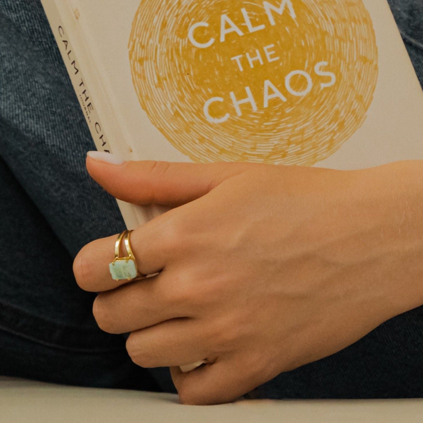 Adjustable Small Rectangular Aquamarine Ring - 18k Gold Plated