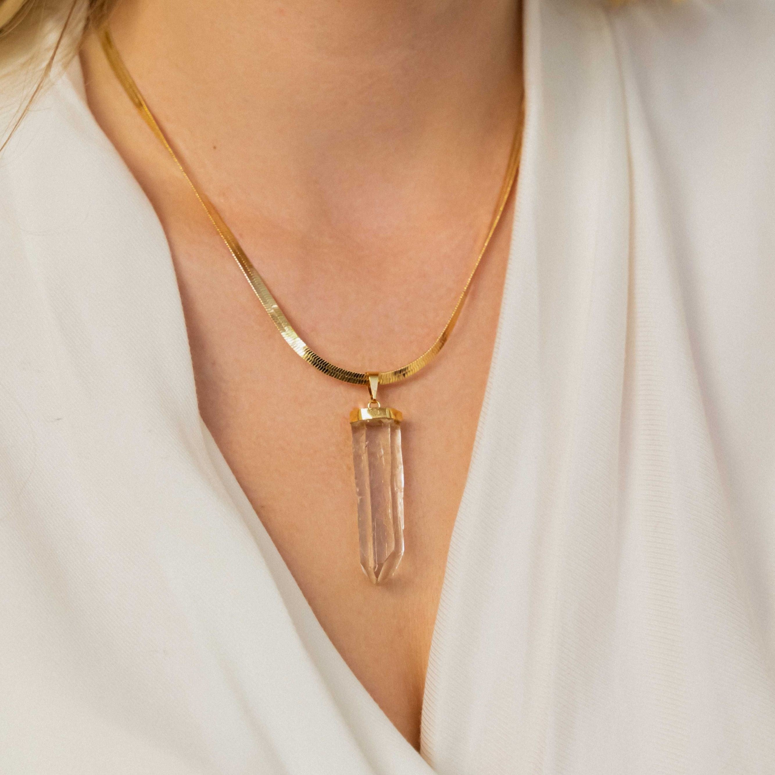 Clear Quartz - lemurian- Raw Necklace - Gold Plated