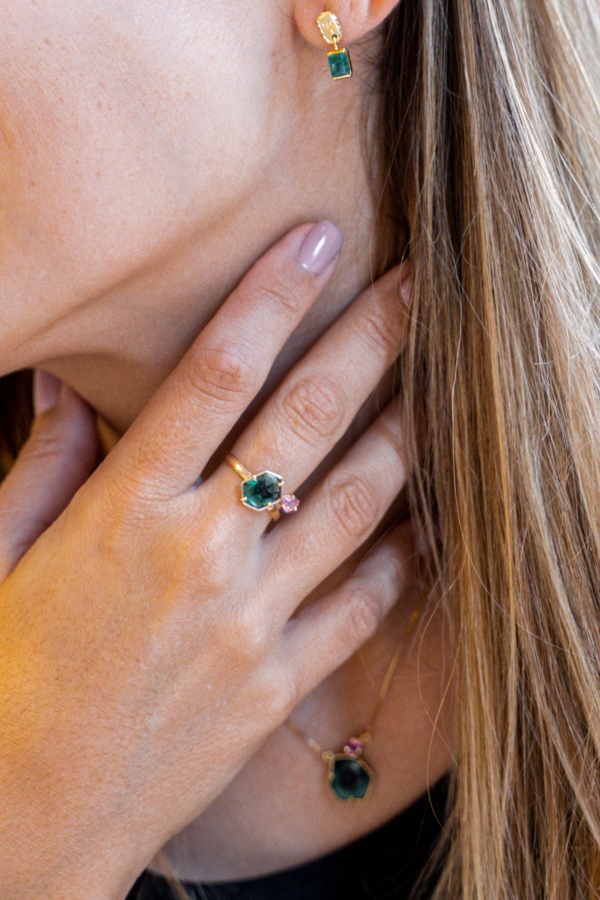 Flower of Emerald & Pink Tourmaline Ring - Solid 14k Gold