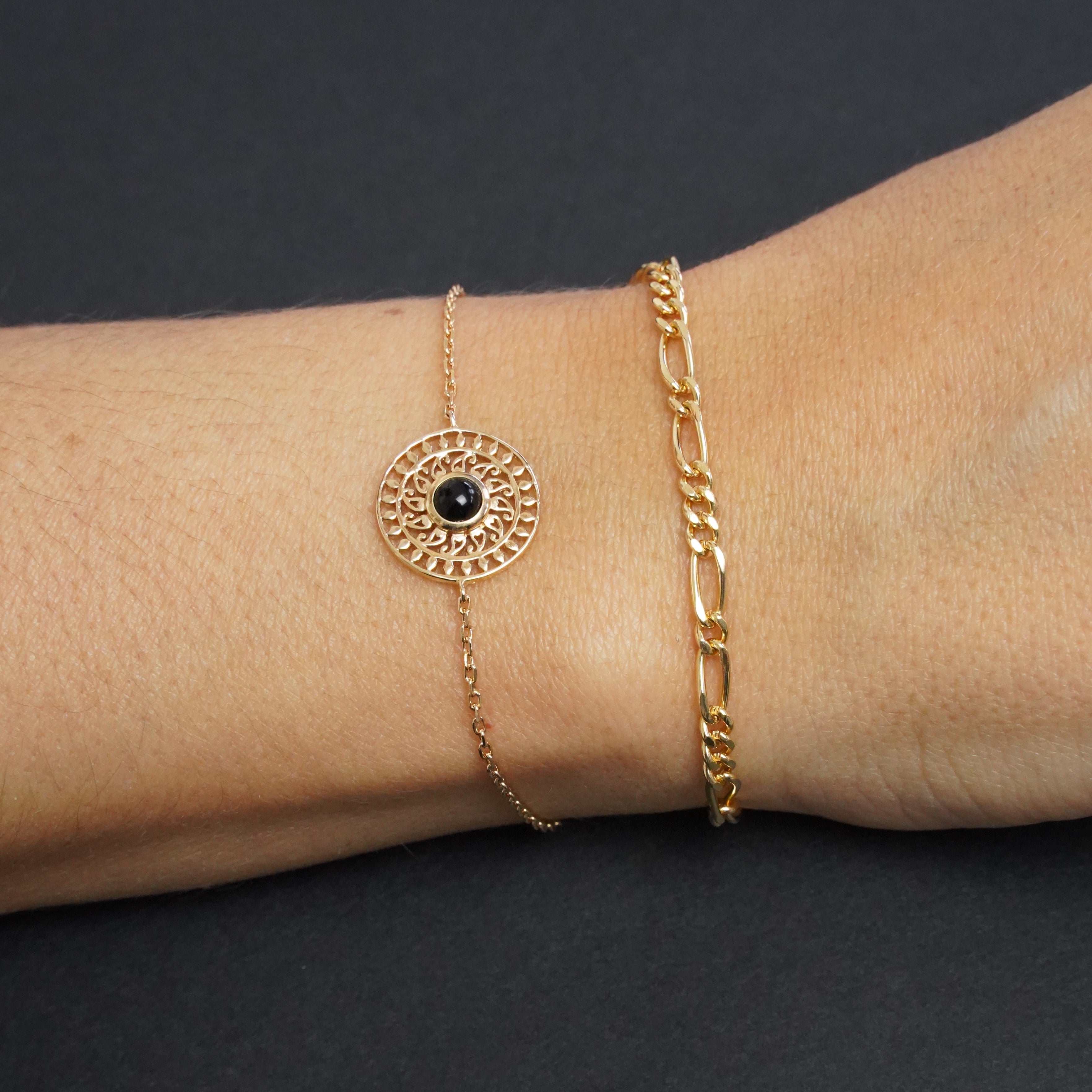 Black Agate Sun Bracelet - Gold Plated