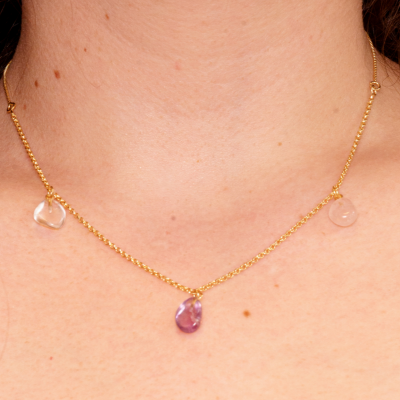 Amethyst, Rose Quartz, and Clear Quartz Golden Triangle Necklace - Gold Plated