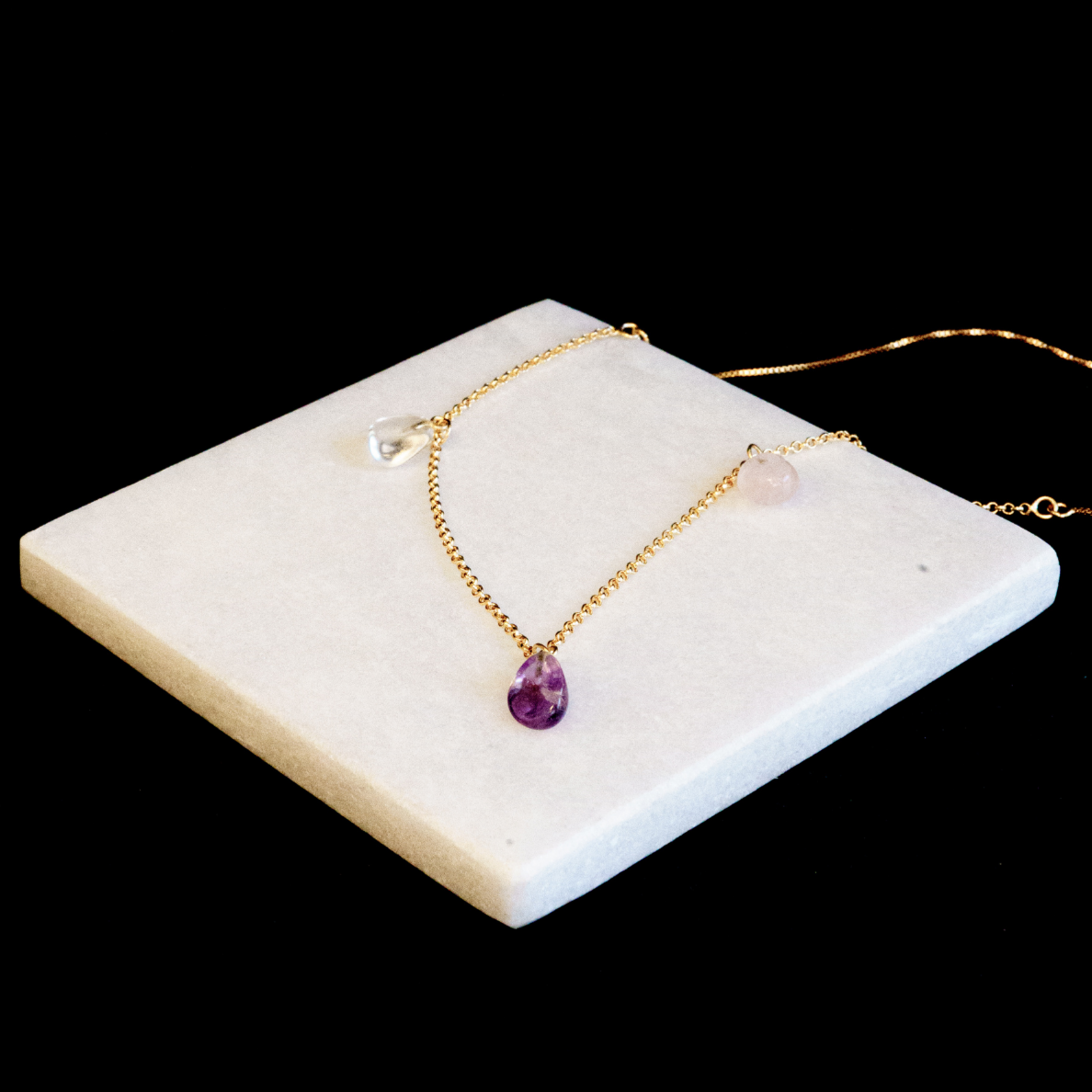 Amethyst, Rose Quartz, and Clear Quartz Golden Triangle Necklace - Gold Plated