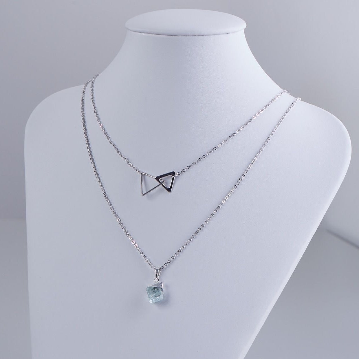 Aquamarine Triangle Necklace - Rhodium Plated