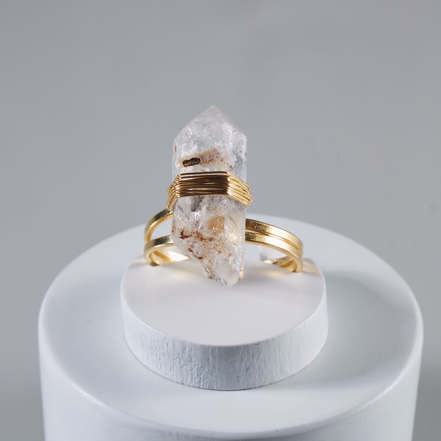Clear Quartz - Wrapped Raw Ring - Adjustable - Gold Plated