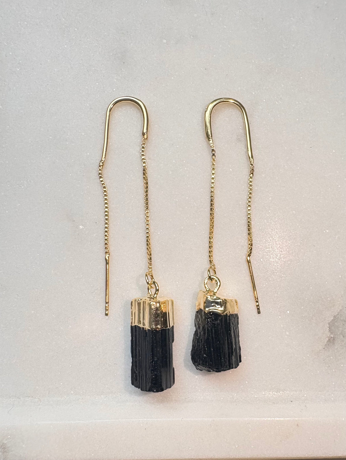 Black Tourmaline - Threaded Earrings - Gold Plated