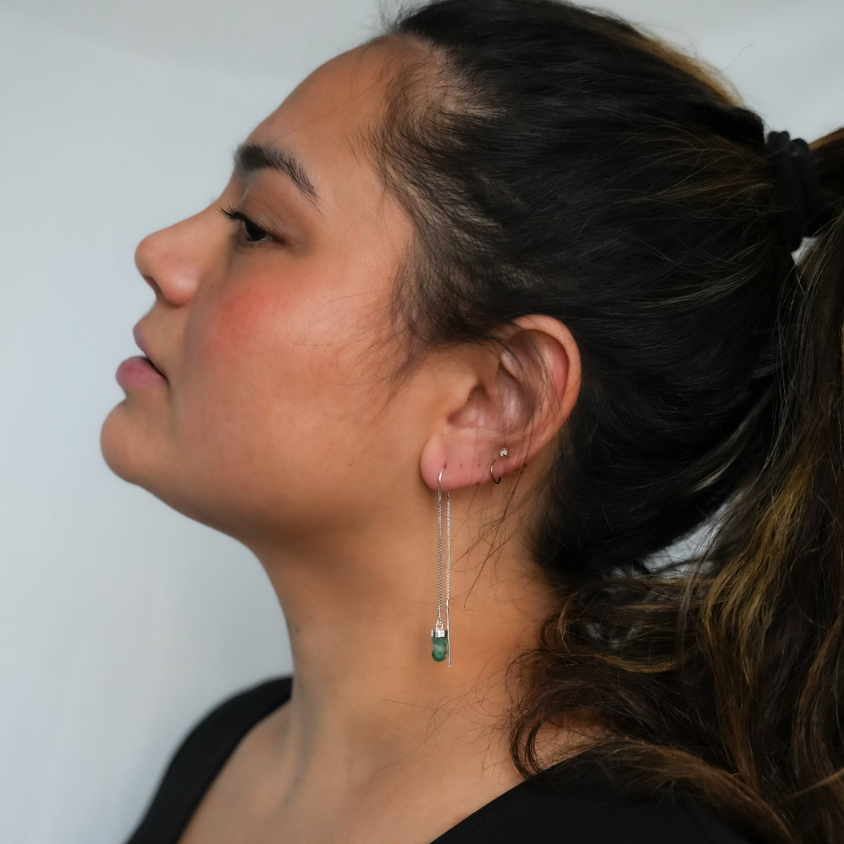 Emerald  - Threaded Earrings - Sterling Silver
