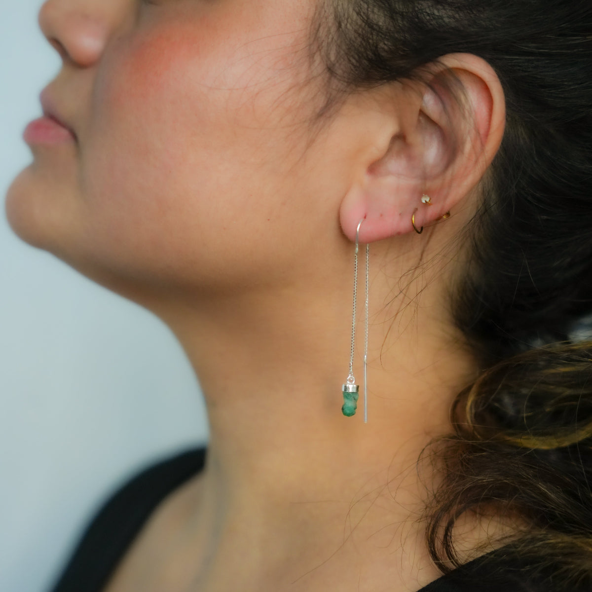 Emerald  - Threaded Earrings - Sterling Silver