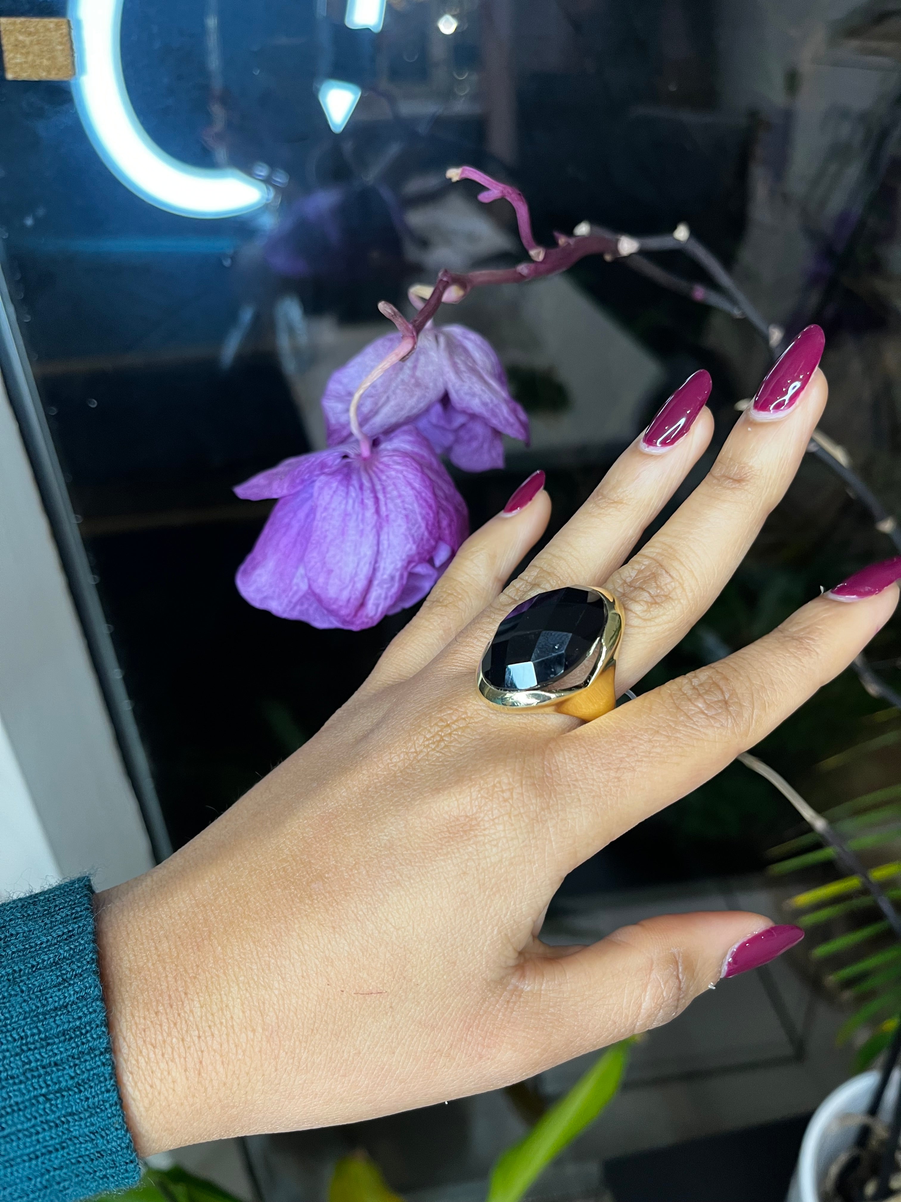 Big Black Obsidian Ring - Gold Plated