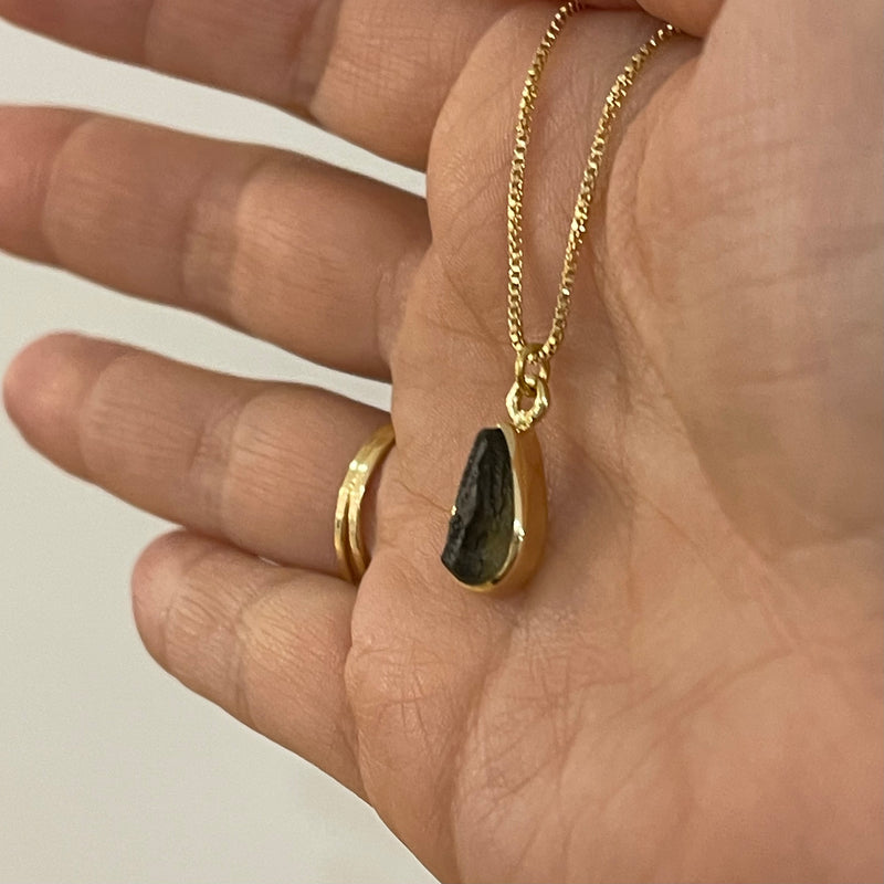 Necklace - Moldavite (teardrop cut) - 18k Gold Plated